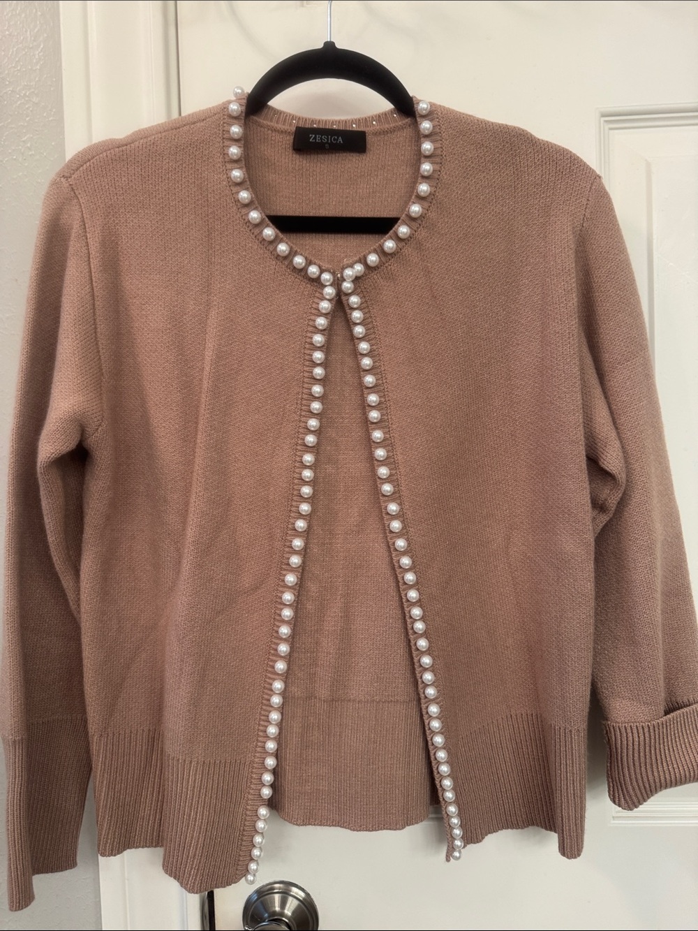 Women's Pearl-Trim Knit Cardigan - tan